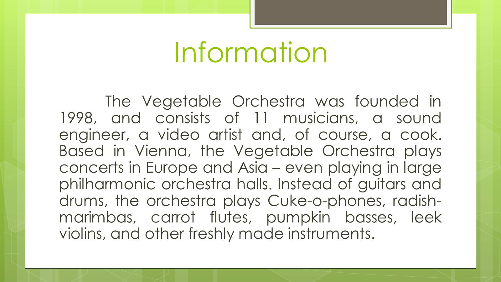 Презентація на тему «The Vegetable Orchestra» - Слайд #3
