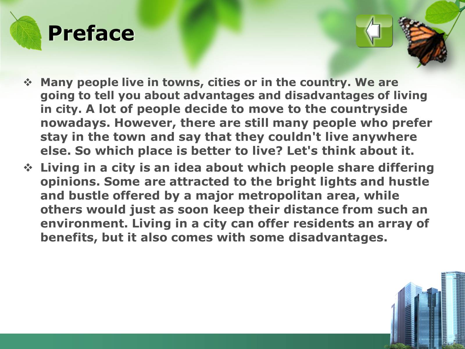 Презентація на тему «Advantages and disadvantages of city life» - Слайд #3