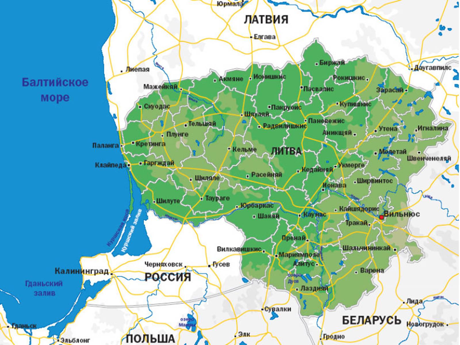 Карта Литвы с городами и поселками подробная