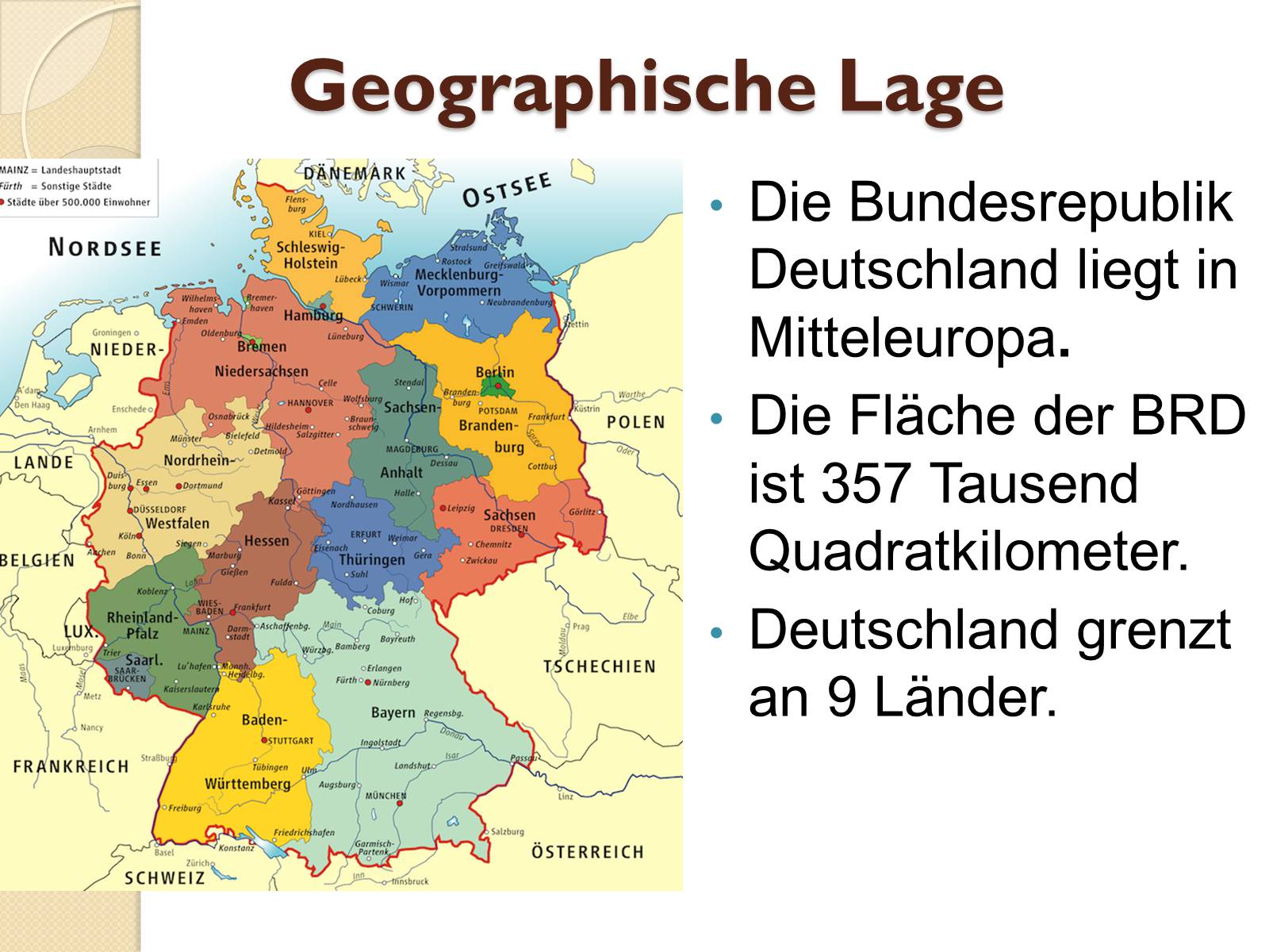Deutschland grenzt an 9 Länder. 