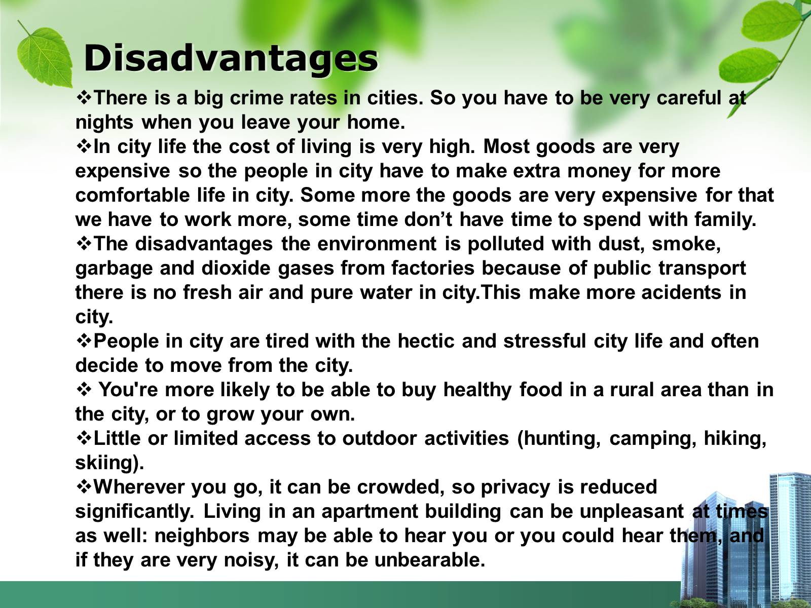 City and village advantages and disadvantages