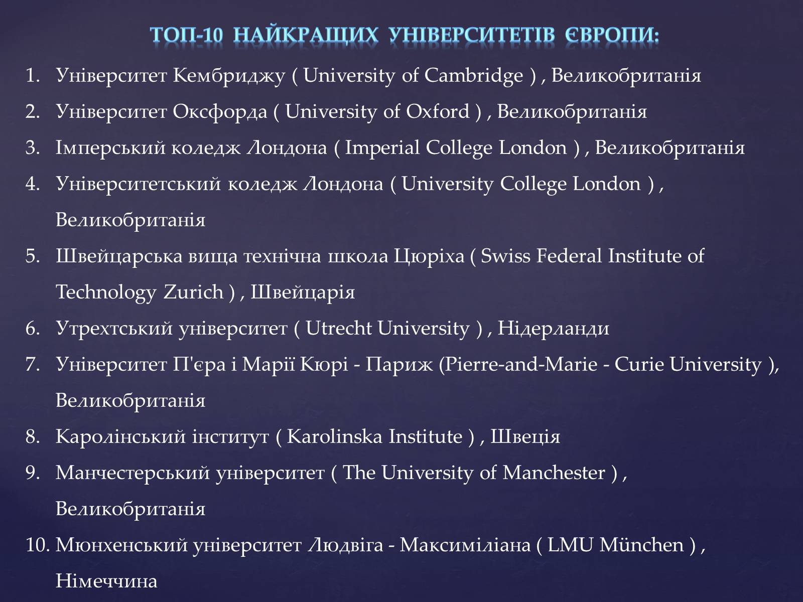 Презентація на тему «Топ-10 найкращих університетів Європи» - Слайд #1