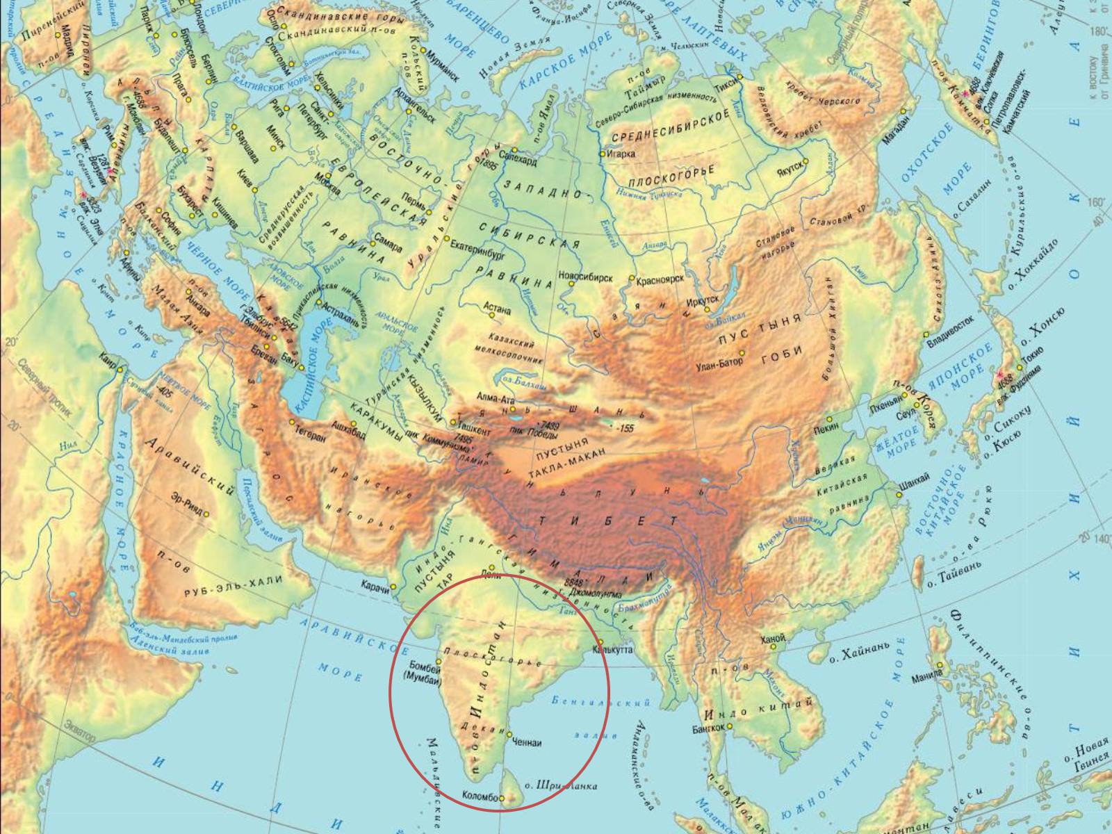 Гималаи в какой части. Евразия горы нагорья Плоскогорья на карте. Физическая карта Евразии горы и равнины. Формы рельефа Евразии. Рельеф Евразии Гималаи.